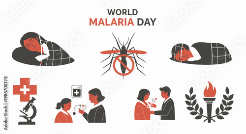 Infographic for World Malaria Day featuring people under mosquito nets medical testing and a prohibited mosquito icon