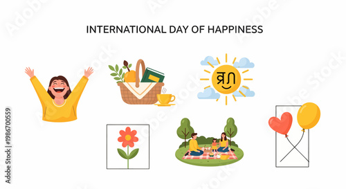 International Day of Happiness illustrations featuring a joyful woman family picnic sun and colorful balloons