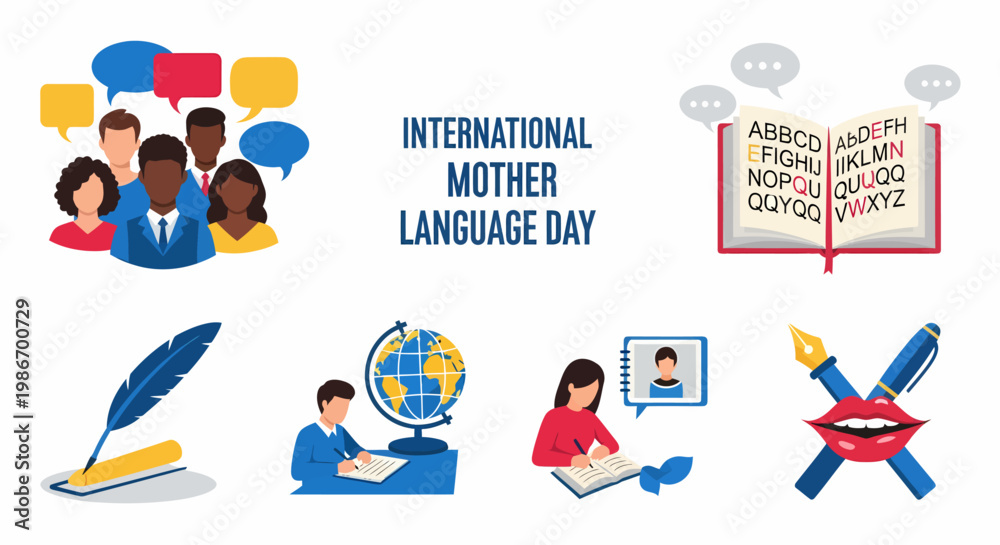 Fototapeta premium International Mother Language Day illustration with diverse people books writing tools and global icons