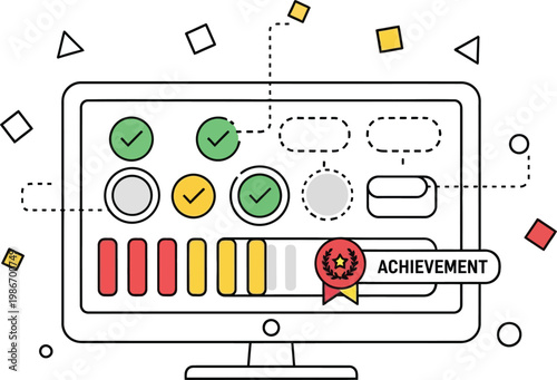 Computer screen showing game progress with achievement badge and confetti