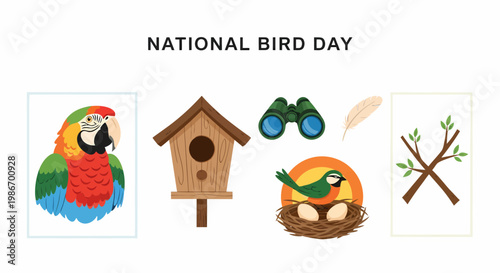National Bird Day graphic featuring parrot birdhouse binoculars feather nest with eggs and branches