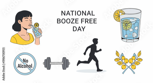 National Booze Free Day graphic with a woman drinking fitness icons no alcohol sign and decorative branch