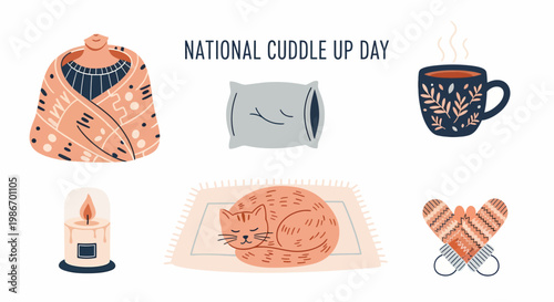 National Cuddle Up Day illustration with a person in a blanket cat on a rug pillow hot mug candle and mittens