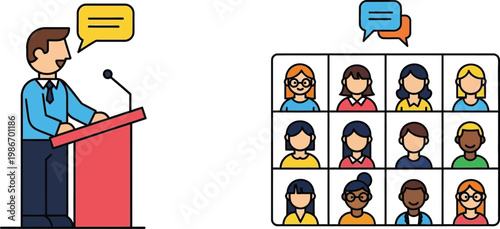 Online meeting speaker addressing audience, virtual conference call, communication concept