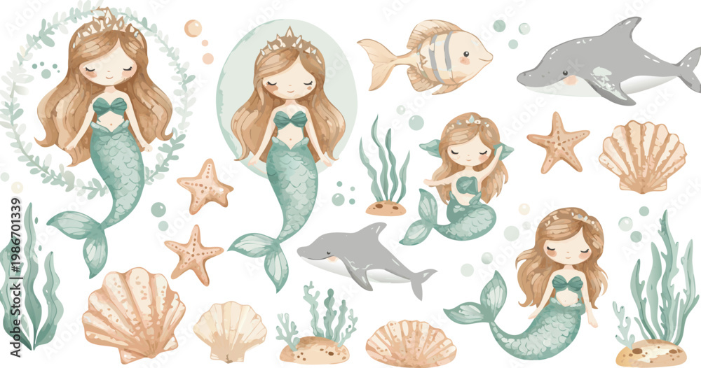 Fototapeta premium Whimsical illustration of three mermaids surrounded by ocean creatures and seaweed in soft pastel colors