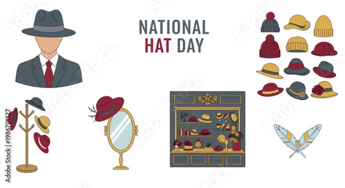 National Hat Day illustration with a man wearing a fedora various hat styles a display shelf and a hat rack