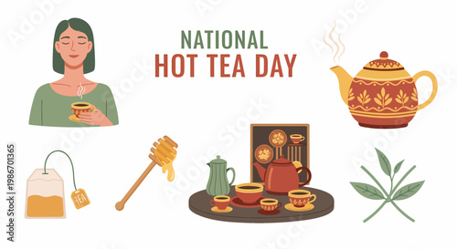 National Hot Tea Day illustration with a woman drinking teapot tea bag honey dipper and tea set on a tray
