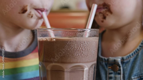 Two kids sharing a chocolate milkshake with straws
