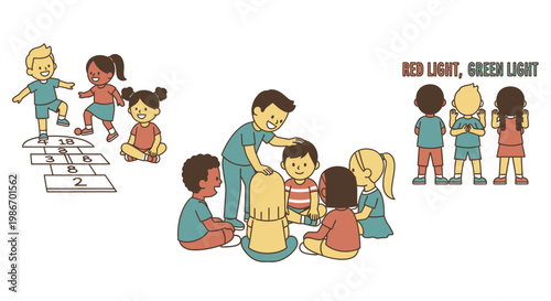 Children playing with a teacher outdoors.