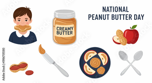 National Peanut Butter Day illustration with boy eating toast jar knife apple slices and peanuts