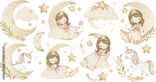 Whimsical illustrations of girls with moons stars and plants in soft colors on a white background