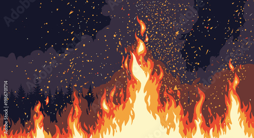 Flames burning brightly at night sky.