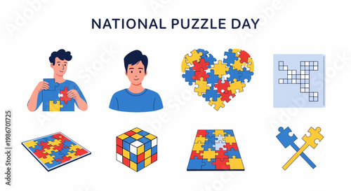 National Puzzle Day graphic featuring people jigsaw pieces a crossword and a cube puzzle on a white background