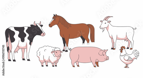 Group of farm animals standing together.