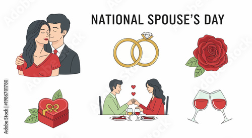 National Spouses Day graphic elements with a romantic couple wedding rings a rose wine glasses and a heart box