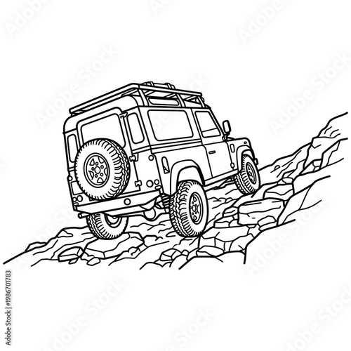 Offroad car climbing trail with spare tire on back, minimal line art, bold black outline, isolated on white