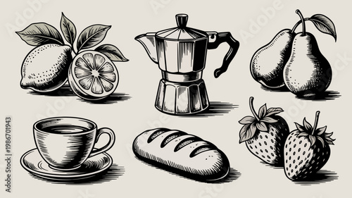 A vintage style illustration depicts a coffee maker alongside fresh fruits a cup of coffee bread and strawberries high quality professional detailed modern elegant stylish clean