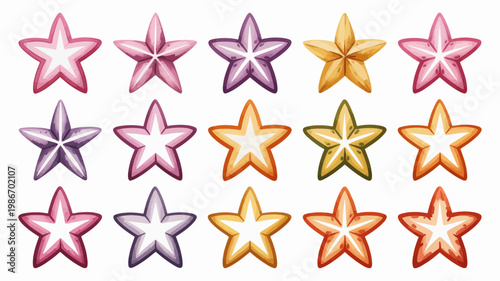 A collection of brightly colored watercolor style stars are arranged in a grid showcasing a diverse range of hues and shades high quality professional detailed modern