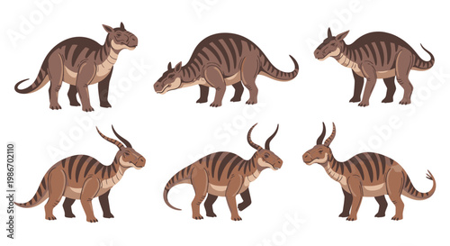 Toy dinosaurs with horns standing still.