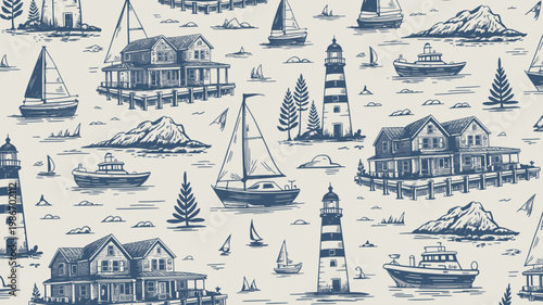 A vintage style repeating pattern depicts coastal scenes with boats houses lighthouses and small islands evoking a nautical aesthetic high quality professional detailed modern elegant stylish