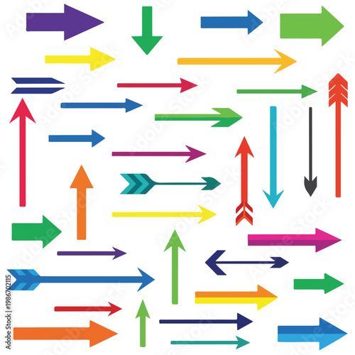 A colorful array of arrows on white