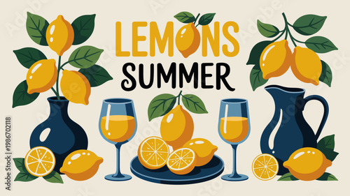 A vibrant illustration depicts fresh lemons lemon slices glasses of lemonade and a pitcher evoking a summery and refreshing aesthetic high quality professional detailed modern elegant