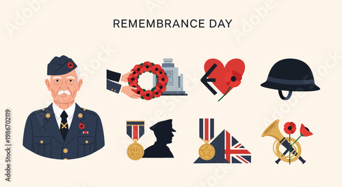 Remembrance Day illustration set featuring a veteran poppy wreath medals bugle helmet and Union Jack flag