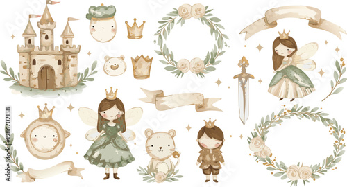 Vintage antique decorative frames set with cartoon animal illustration elements vector design