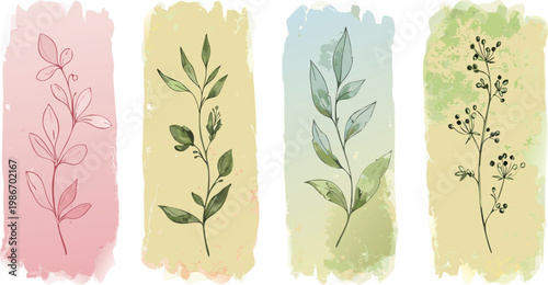 Four colorful watercolor bookmarks with botanical illustrations of various plants and leaves on white background