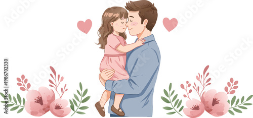 A man tenderly hugging a little girl with flowers and hearts around them on a white background