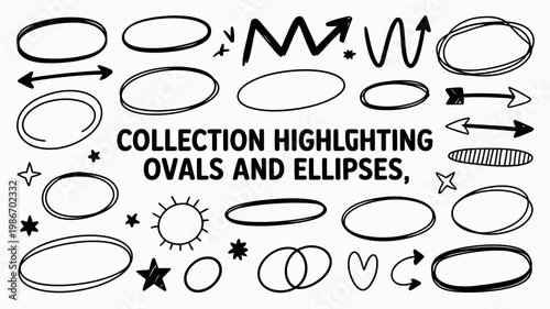 A collection of hand drawn black and white shapes including ovals ellipses arrows stars and a sunburst arranged on a white background high quality professional detailed