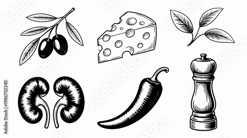 A vintage style illustration showcases a collection of culinary elements including olives cheese peppers and seasoning in black and white high quality professional detailed modern elegant