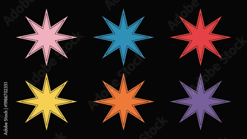 A black background features six brightly colored multi pointed stars arranged in a two by three grid formation each with unique hues high quality professional detailed