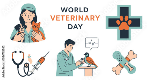 Vector illustrations for World Veterinary Day with male and female vets pets medical tools and a cross icon