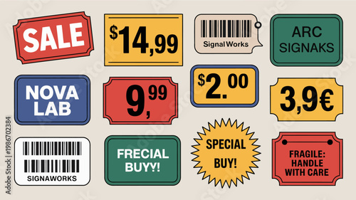 A collection of colorful retail price tags and promotional labels are displayed featuring sale announcements prices and brand names high quality professional detailed modern elegant stylish