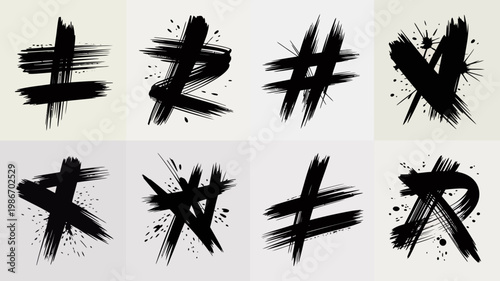 A collection of eight abstract black brushstroke designs resembling stylized hashtags and crosses on a neutral background high quality professional detailed modern elegant stylish clean crisp