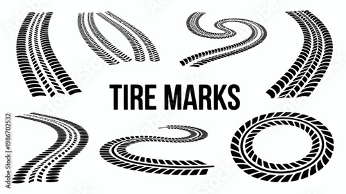 A collection of black tire track designs and a full tire tread pattern are displayed against a clean white background high quality professional detailed modern elegant