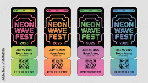 Four vibrant digital tickets showcase a neon wave fest event scheduled for july 15 2025 at neon arena in central city high quality professional detailed modern