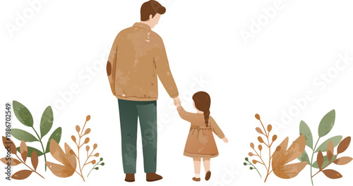 A man and little girl holding hands walking through plants outdoors