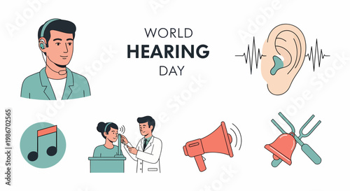 World Hearing Day graphic featuring a man in a headset anatomical ear and various hearing health icons