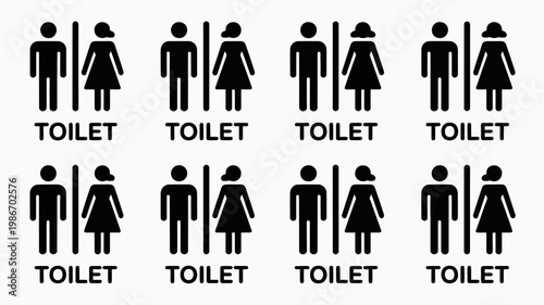 A collection of black pictogram restroom signs depicting male and female figures repeatedly labeled with the word toilet underneath high quality professional detailed modern elegant stylish