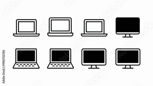 A collection of eight simple black and white line icons depicting various computer displays and laptop configurations high quality professional detailed modern elegant stylish clean crisp