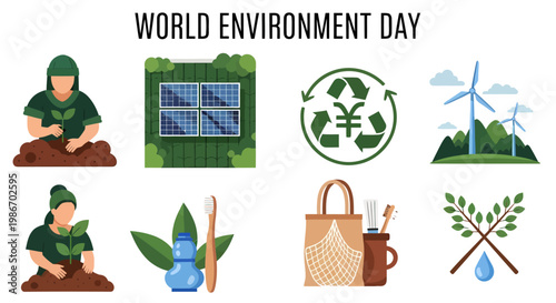 World Environment Day illustrations of tree planting solar panels wind turbines reusable bags and wooden products
