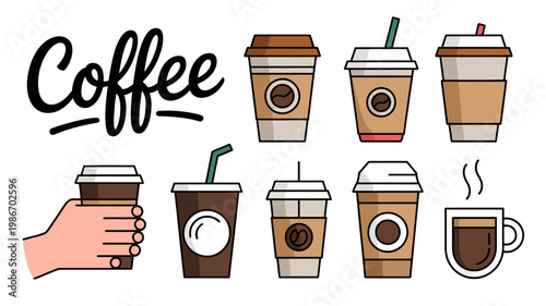 A colorful illustration showcases various to go coffee cups and a ceramic mug accompanied by the word coffee in stylized script high quality professional detailed modern