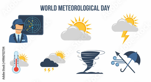 World Meteorological Day graphic with icons for sun clouds lightning tornado thermometer and a meteorologist