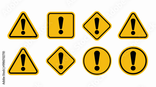 A collection of yellow warning signs featuring black exclamation points displayed in various geometric shapes and orientations high quality professional detailed modern elegant stylish clean crisp