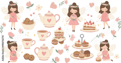 Whimsical illustration of girls enjoying tea and sweet treats in a playful festive setting with desserts and teacups