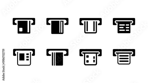 A collection of eight black and white atm machine icons displaying various card reader and display interfaces high quality professional detailed modern elegant stylish clean crisp