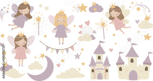 Cute fairy tale princess vector illustration in pink cartoon style with love, heart, beauty and happiness design
