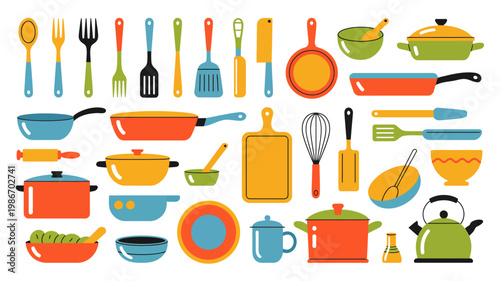 A colorful collection of kitchen utensils and cookware is displayed including spoons forks pots pans and various cooking tools high quality professional detailed modern elegant stylish